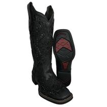 Bota Texana Feminina Vimar Bico Quadrado Fóssil Preto Com Bordado e Brilho Sola VTS V015F2 Ref.13175 Bota Texana Feminina Vimar Bico Quadrado Fóssil Preto Com Bordado e Brilho Sola VTS V015F2 Ref.13175