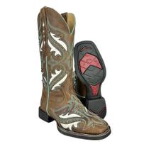 Bota Texana Feminina Vimar Bico Quadrado Hoper Fossil Castanho Bordado Verde Branco R.13224 Bota Texana Feminina Vimar Bico Quadrado Hoper Fossil Castanho Bordado Verde Branco R.13224