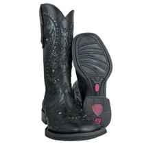 Bota Texana Feminina Vimar Couro Fóssil Metalizado Preto Bordado Com Tachinhas Prata Ref. 13245