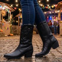 Bota Texana Feminina Western Bordado Cano Longo Salto Grosso