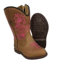 Bota Texana Infantil Caminhos da Roça Bico Redondo Couro Caramelo Com Zíper e Bordado Rosa Ref.Kl373 Bota Texana Infantil Caminhos da Roça Bico Redondo Couro Caramelo Com Zíper e Bordado Rosa Ref.Kl373