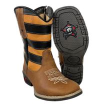 Bota Texana Infantil Juvenil Caminhos Da Roça Bico Quadrado Couro Caramelo Café Cano Bordado Estrelas REF KJ434