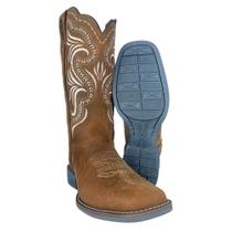 Bota Texana Jácomo Bico Quadrado Couro Crazy Amêndoa Cano Bordado Solado Cinza Ref1311.FG