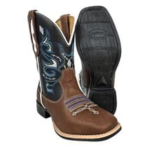 Bota Texana Masculina Caminhos da Roça Bico Quadrado Couro Chocolate Preto Com Bordado Azul e Branco Ref.KA1011 Bota Texana Masculina Caminhos da Roça Bico Quadrado Couro Chocolate Preto Com Bordado Azul e Branco Ref.KA1011