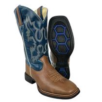 Bota Texana Masculina Classic Bico Quadrado Couro Montana Boise Azul e Branco Bota Texana Masculina Classic Bico Quadrado Couro Montana Boise Azul e Branco