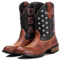 Bota Texana Masculina Couro Cano Alto Estrelas Zíper Estilo