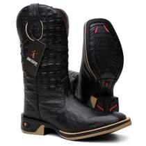Bota Texana Masculina Couro Estilo Jacaré Exótico Preta Sola Borracha Jump Bota Texana Masculina Couro Estilo Jacaré Exótico Preta Sola Borracha Jump