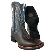 Bota Texana Masculina Durango Couro Marrom Cano Azul Bordado Bico Quadrado Flex