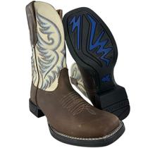 Bota Texana Masculina Goyazes Bico Quadrado Power Couro Dallas Marrom Off White Cano Bordado Ref. 253001CF04 Bota Texana Masculina Goyazes Bico Quadrado Power Couro Dallas Marrom Off White Cano Bordado Ref. 253001CF04