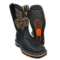 Bota Texana Masculina Goyazes Bico Quadrado Work Couro Pit Stop Preto Com Bordado Laranja Ref.207406CK