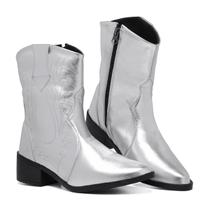 Bota Texana Prata Feminina Country Bico Fino Bordada Western