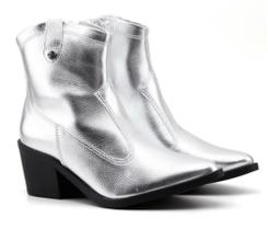 Bota Texana Quiz Prata Metalizada Cano V Salto Baixo 6.5cm Bota Texana Quiz Prata Metalizada Cano V Salto Baixo 6.5cm