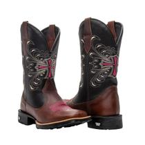 Bota Texana Western Feminina Bico Quadrado Texas Gold Flora Café
