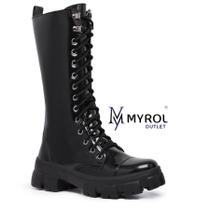 Bota Tratorada Myrol Outlet Cano Alto Estilo de Blogueira Preto Verniz