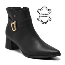 Bota Via Marte Feminina Salto Bloco Bico Fino Couro Legítimo Confortável Detalhe Fivela Original