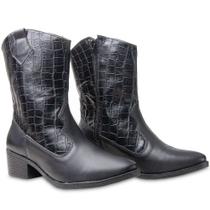 Bota Western Couro Feminina Modelo Marcante Moda Country Bico Fino Salto Grosso e Baixo