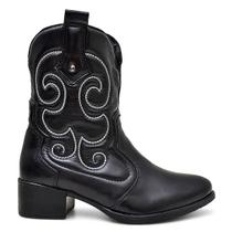 Bota Western Feminina Couro Legítimo Cano Médio Bordado Clássico Cor:PretoTamanho:35