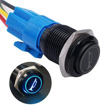 Botão de Buzina para Carro 12V Momentâneo LED Azul Iluminado - Metálico com Fios 19mm