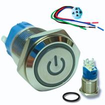 Botão Metal Led Inox 16mm C/ Conector Chicote 12/24v C/Trava