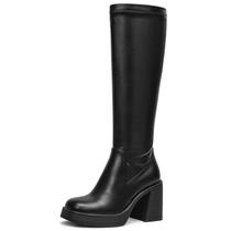 Botas Choiran pretas até o joelho para mulheres de couro com bico quadrado Botas Choiran pretas até o joelho para mulheres de couro com bico quadrado