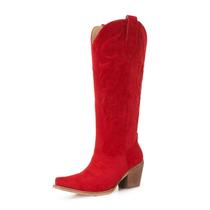 Botas cowgirl AITTA até o joelho, vermelhas, em camurça, com zíper e salto