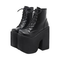 Botas Curtas Femininas Estilo Y2K Com Bico Quadrado, Cadarço, Plataforma E Salto Alto Grosso, Cor Botas Curtas Femininas Estilo Y2K Com Bico Quadrado, Cadarço, Plataforma E Salto Alto Grosso, Cor