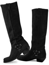 Botas de cano alto, camurça Coutgo, largas, panturrilha, salto grosso, negras, femininas