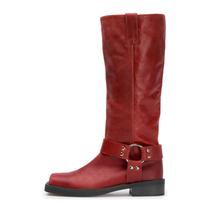 Botas de cano alto FIFSY com fivela de couro vermelho e bico quadrado para mulheres Botas de cano alto FIFSY com fivela de couro vermelho e bico quadrado para mulheres