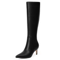 Botas de cano alto QIY 2025 para mulheres com salto de gatinho pretas