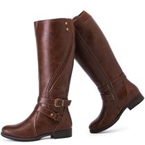 Botas de cano alto Ruiee, elegantes, confortáveis, de salto baixo, marrom, PU
