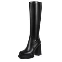 Botas de cano alto Wetviro femininas pretas com salto plataforma de 11 cm