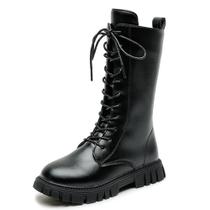 Botas de combate BANGTEUO Girls com cadarço na metade da panturrilha em couro preto Botas de combate BANGTEUO Girls com cadarço na metade da panturrilha em couro preto