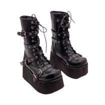 Botas De Combate Femininas plus Size De Outono Com Fivela, Bico Redondo E Plataforma Anabela, Estilo Botas De Combate Femininas plus Size De Outono Com Fivela, Bico Redondo E Plataforma Anabela, Estilo