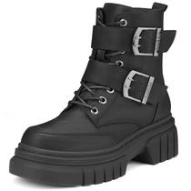 Botas de combate SUEDI Chunky Platform Lug Sole pretas para mulheres