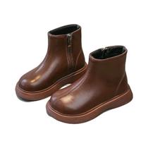 Botas De Couro Pretas Para Meninas, Moda Infantil, Zíper Lateral, Solado Grosso, Botas Curtas De Botas De Couro Pretas Para Meninas, Moda Infantil, Zíper Lateral, Solado Grosso, Botas Curtas De