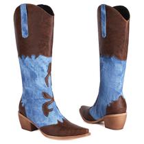 Botas de cowboy Cozivwaiy femininas patchwork jeans marrons 9,5