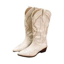 Botas De Cowboy Femininas plus Size 42 Bordadas Estilo Western Cano Médio Bico Fino Salto Quadrado