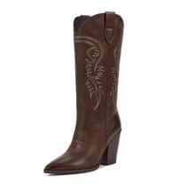 Botas de cowboy ISNOM Brown Cowgirl femininas na altura do joelho e panturrilha Botas de cowboy ISNOM Brown Cowgirl femininas na altura do joelho e panturrilha