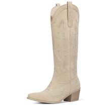 Botas de cowboy Ouepiano, bege, camurça, altura do joelho, tamanho 8, mulheres