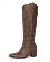 Botas de cowboy Pasuot Brown para mulheres com panturrilha larga, EUA 7,5