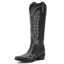 Botas de cowboy Rivalran pretas para mulheres com salto largo na panturrilha 5US