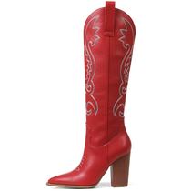 Botas de cowboy VOMIRA vermelhas para mulheres com bico fino e salto alto 9,5 cm