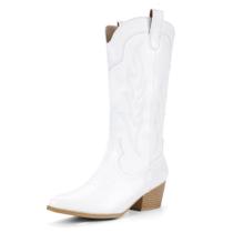 Botas de cowgirl IDIFU, brancas, cowboy, meia panturrilha, salto baixo, mulheres