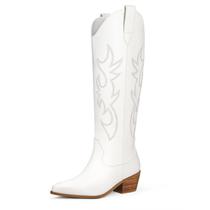 Botas de cowgirl Ouepiano White Cowboy na altura do joelho, tamanho 6
