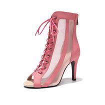 Botas de dança YCALCP rosa com cadarço, bico aberto e salto de 9,5 cm Botas de dança YCALCP rosa com cadarço, bico aberto e salto de 9,5 cm