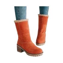 Botas De Inverno Femininas Em Veludo, Quentes, Com Salto Quadrado, Bico Redondo, Cor Sólida, Casuais