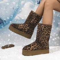 Botas de Neve Femininas de Inverno com Sola Grossa e Forro de Lã - Estampa Leopardo