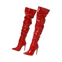 Botas de Salto Alto Vermelhas Acima do Joelho - Couro Verniz, Bico Fino e Zíper