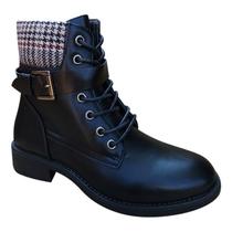 Botas de tornozelo femininas de couro PU pretas com design escocês casual