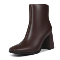 Botas de tornozelo Wetviro femininas, marrons, salto grosso, bico quadrado